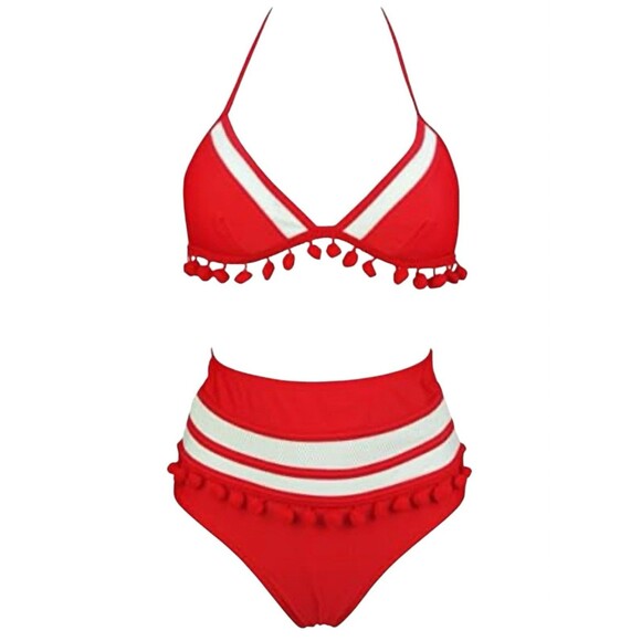 High Waisted Pom Pom Bikini 2 Piece Red & White Size 8 Halter Top Mesh Hipster - Picture 1 of 10